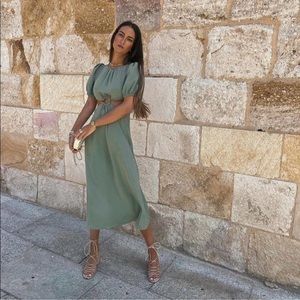 Zara Cut-Out Midi Dress Green Sage Khaki Puff Sleeve O-Ring A-Line Size XS